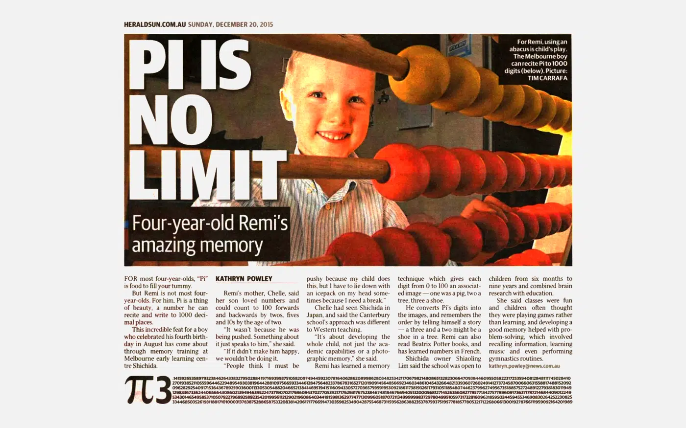A picture of a newspaper article featuring a 4 year old Shichida whole-brain program student with an amazing memory
