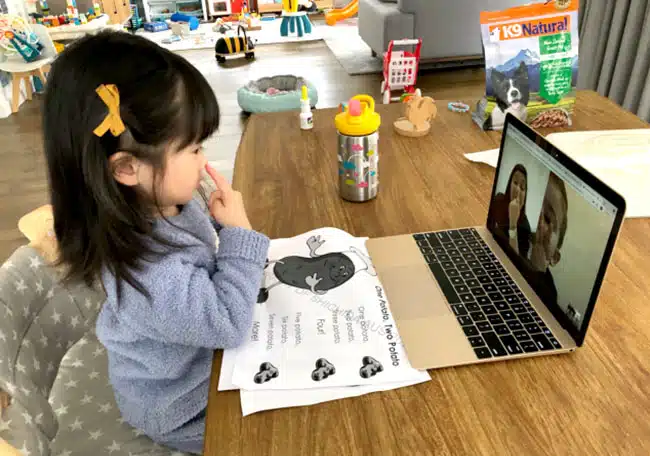 A preschool child participating in an online class during the Covid pandemic