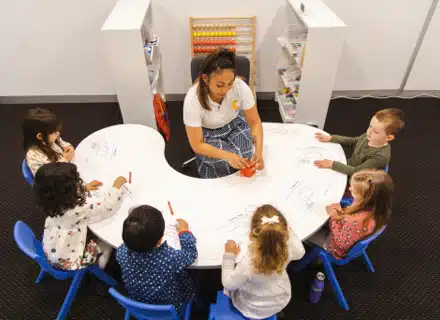 Pre-Primary Classes Australia, featuring a classroom with 6 kids and a teacher sitting around a table