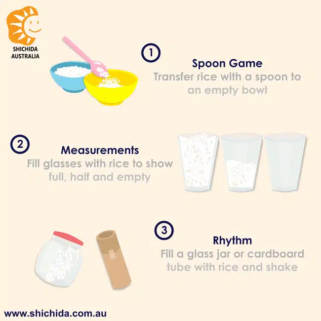 illustrated ideas for fun sensory games using rice for kids educational activities