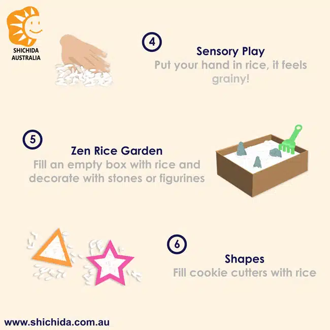 illustrated ideas for sensory games using rice for kids education