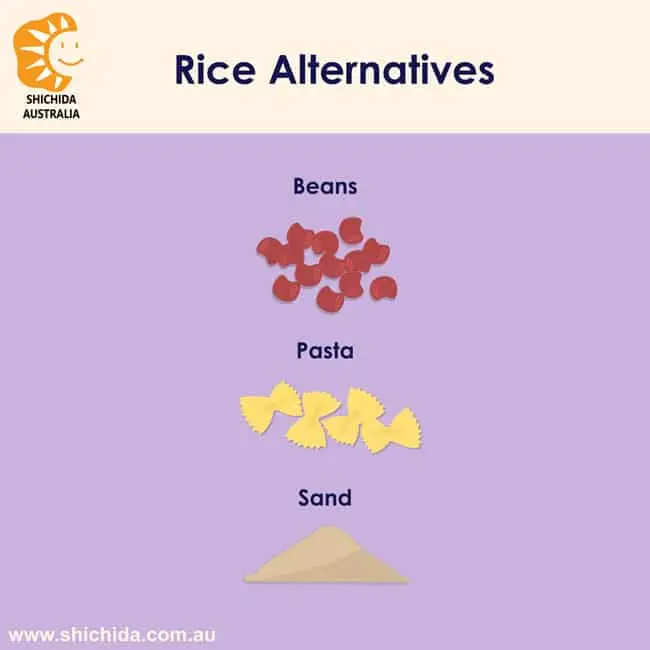 Illustration of Rice alternatives for sensory games includes beans, pasta and sand