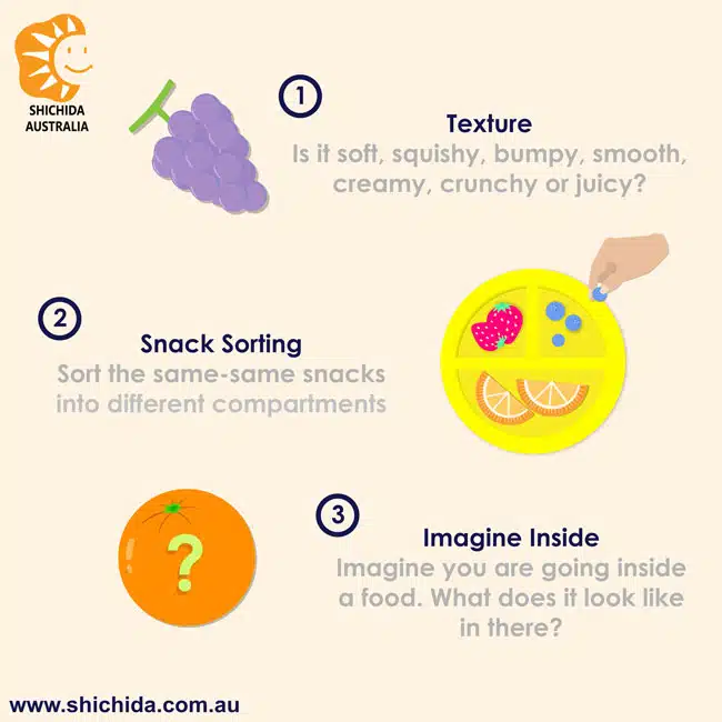 Illustration of sensory activity ideas for kids using snacks like grapes and other fruit