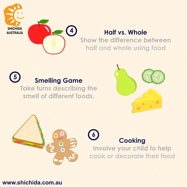Illustration of sensory play ideas using snacks as a learning tool