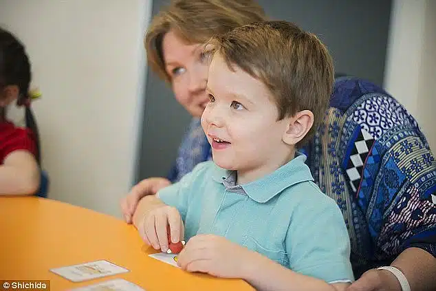 Happy child and parent in Shichida class