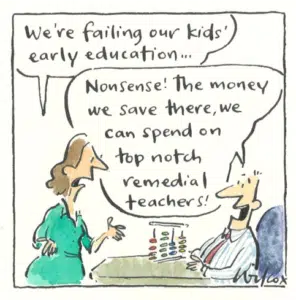 play and learn Learning Through Play: Satirical editorial cartoon about education