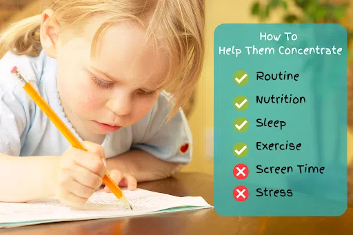 A list with ticks and X's on how to help kids increase attention and concentration