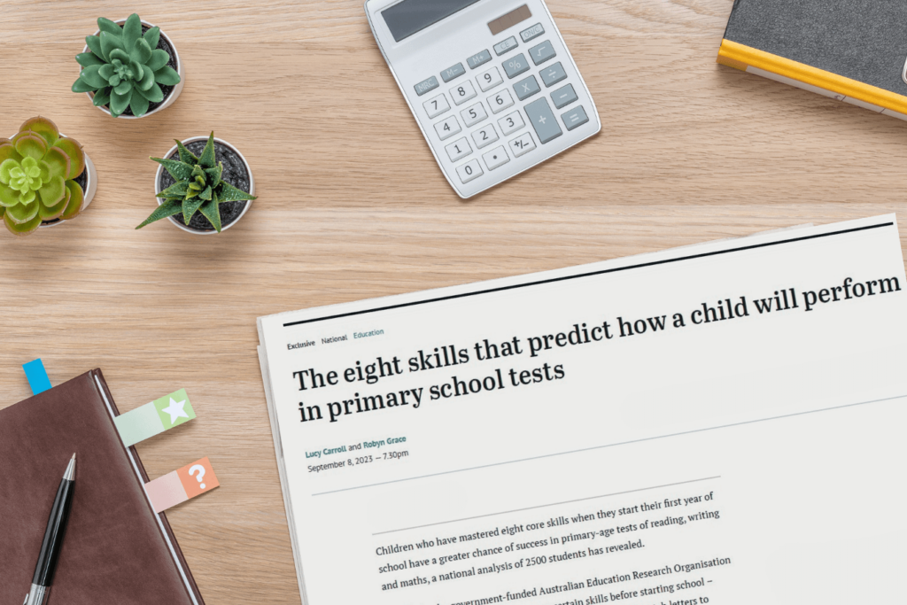 Newspaper with headline "the eight skills that predict how a child will perform in primary school tests"