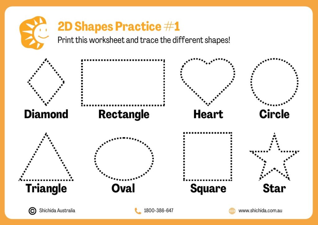 Free 2D Shapes Worksheets - A 2d shapes tracing worksheet for kids by Shichida Australia
