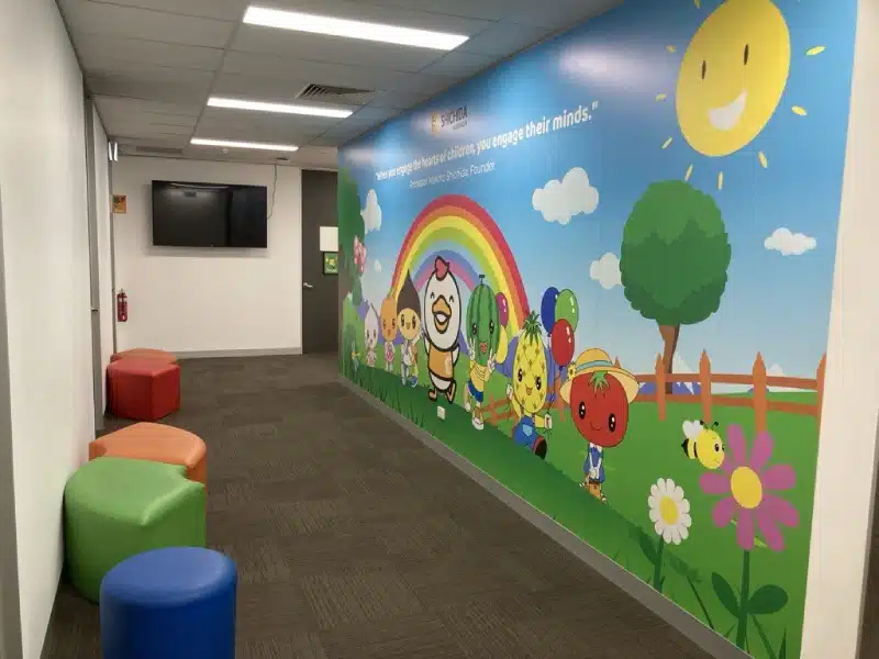Shichida wall mural at the Parramatta centre. It is very colourful and shows cheerful cartoon style characters