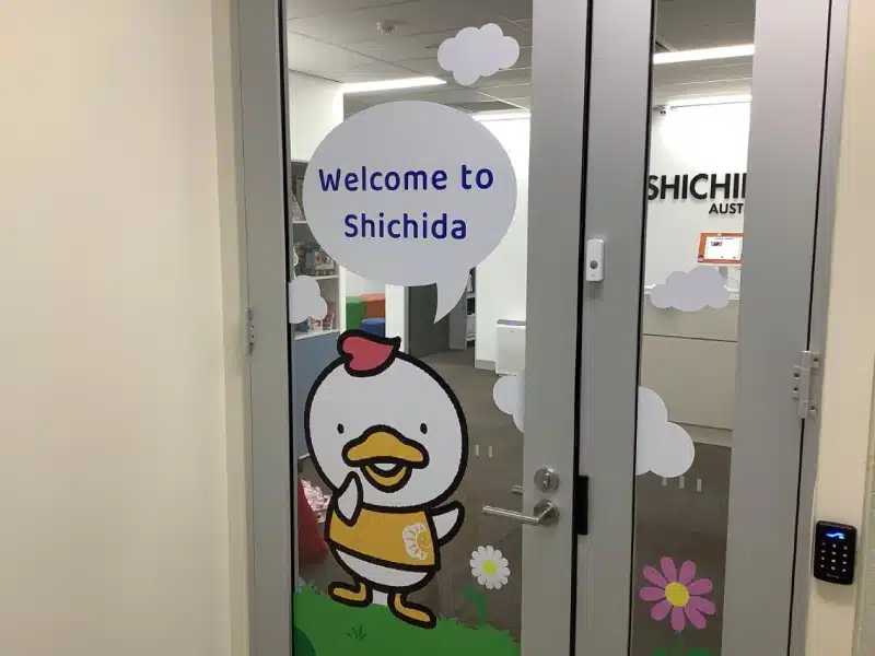 The Shichida Front Door at the Parramatta centre, there is a "Welcome to Shichida" speech bubble and a cute duck on the door