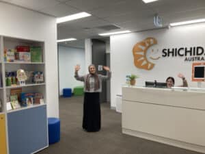 Shichida Centre manager welcoming parents at Shichida reception area Parramatta, NSW