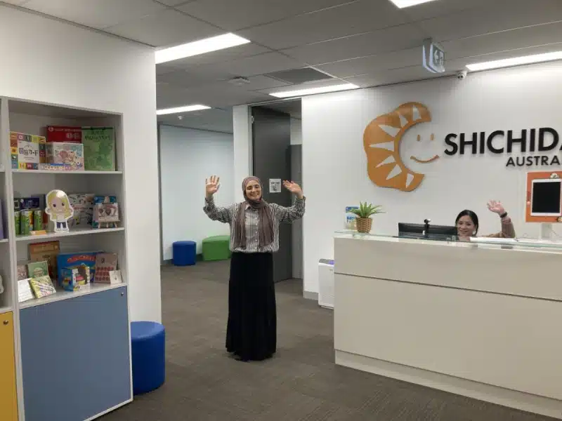 Shichida Centre manager welcoming parents at Shichida reception area Parramatta, NSW