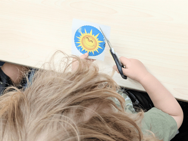 Cutting with scissors is a classic bilateral coordination exercise that strengthens fine motor skills and hand control - essential for school readiness and independence. here toddler is cutting a circle shape during a Shichida class.