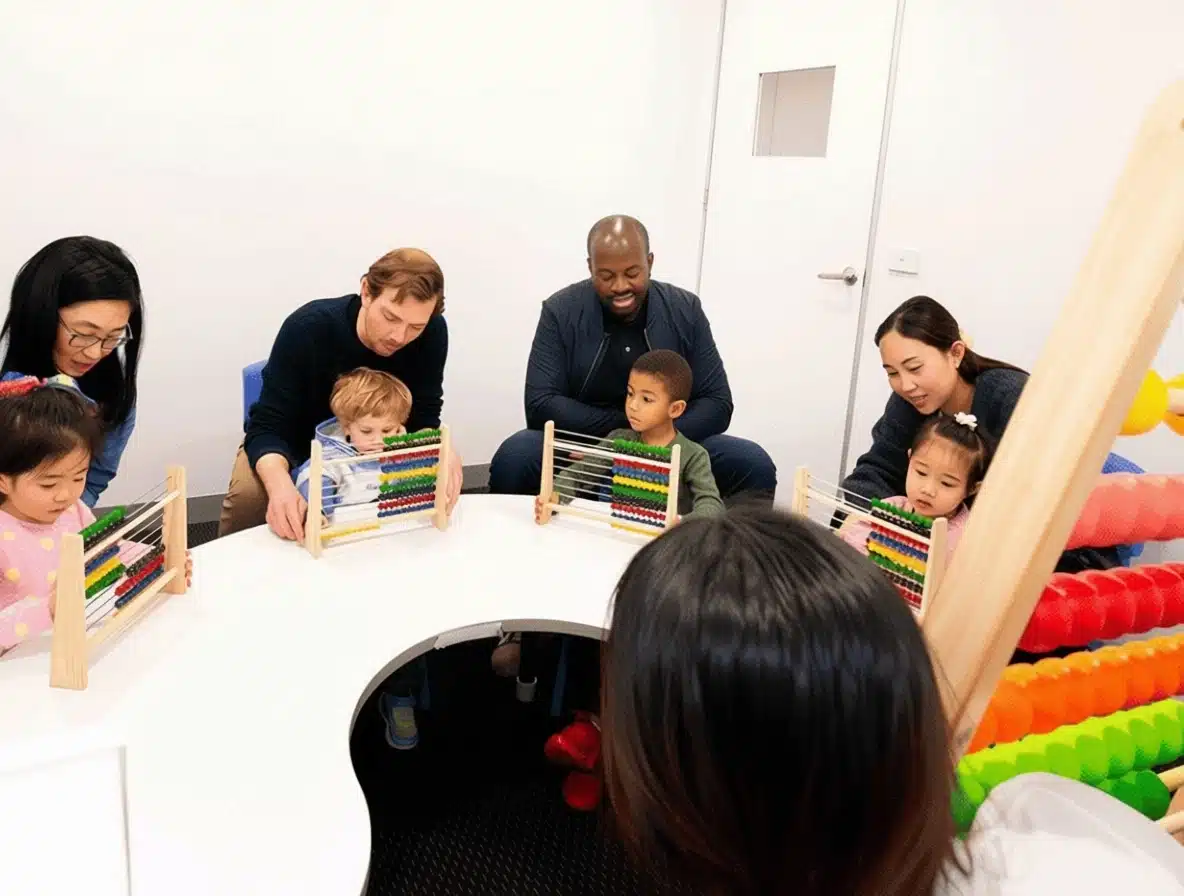 Parents and children practise abacus counting together