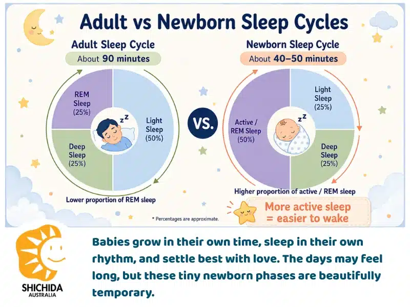 Comparison infographic showing differences between adult and newborn sleep cycles.