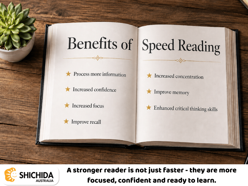 an open book listing the benefits of speed reading for kids