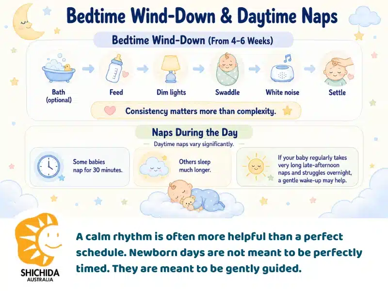 Infographic showing a bedtime wind-down routine for newborn babies.