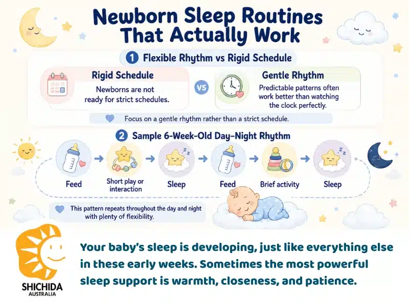 Visual guide showing newborn sleep routines and bedtime settling techniques.