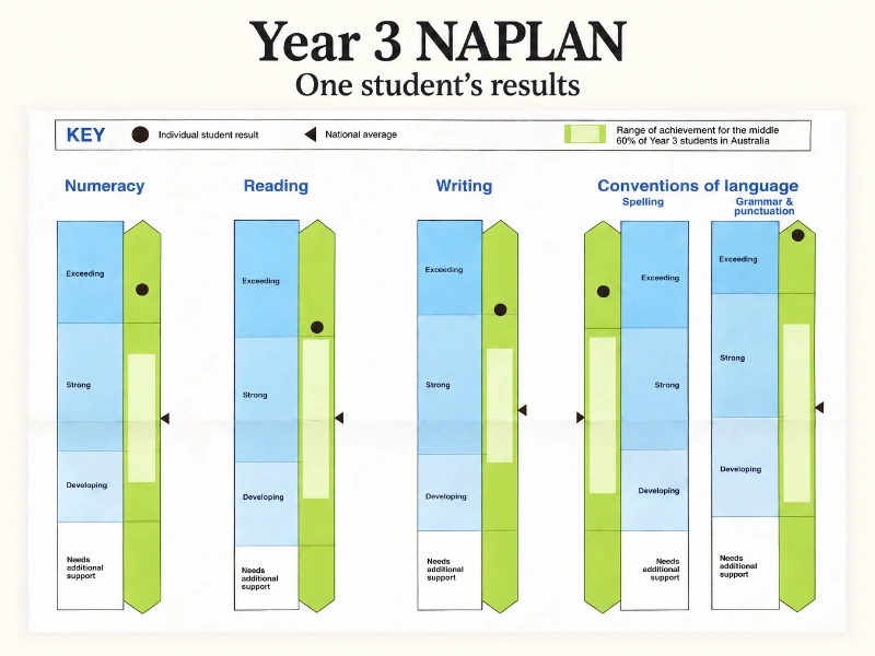 Year 3 NAPLAN results report showing one Shichida student’s Exceeding results in numeracy, reading, writing, spelling, and grammar and punctuation.
